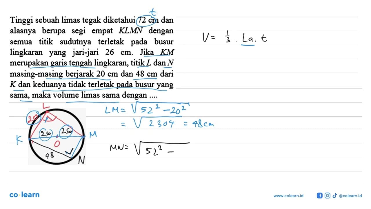 Tinggi sebuah limas tegak diketahui 72 cm dan alasnya