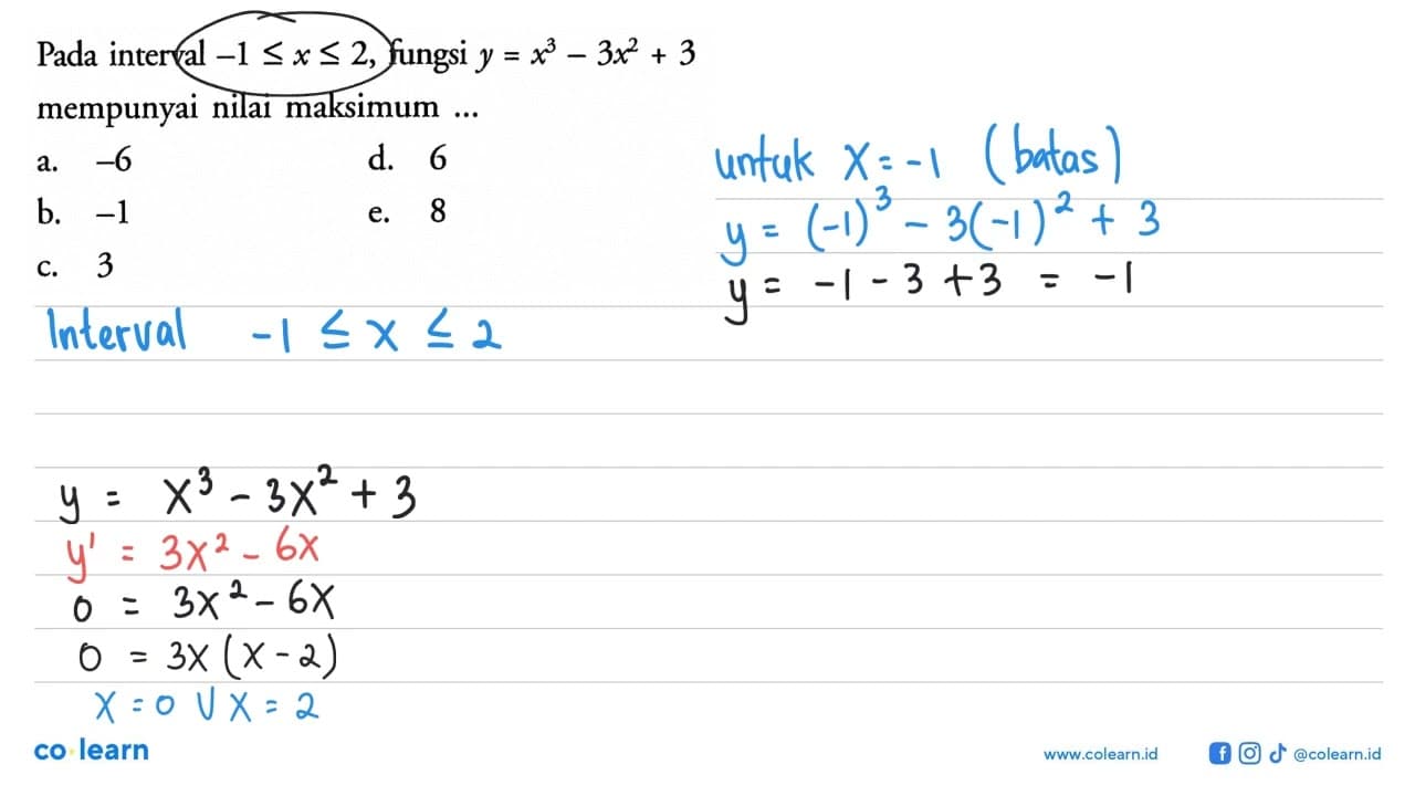 Pada interval -1<=x<= 2, fungsi y=x^3-3 x^2+3 mempunyai