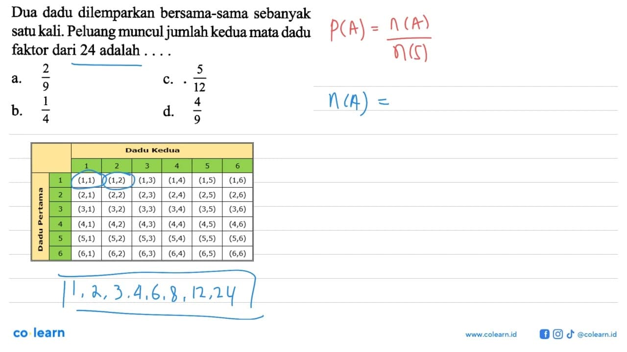 Dua dadu dilemparkan bersama-sama sebanyak satu kali.