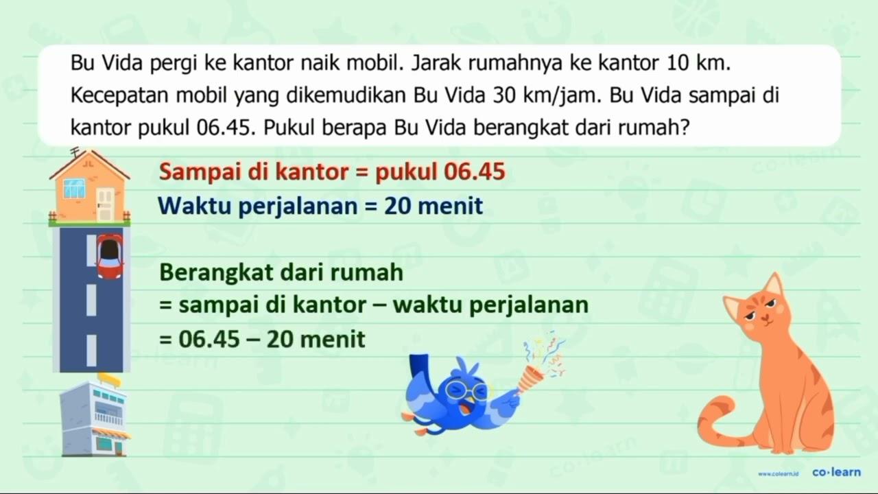 Bu Vida pergi ke kantor naik mobil. Jarak rumahnya ke