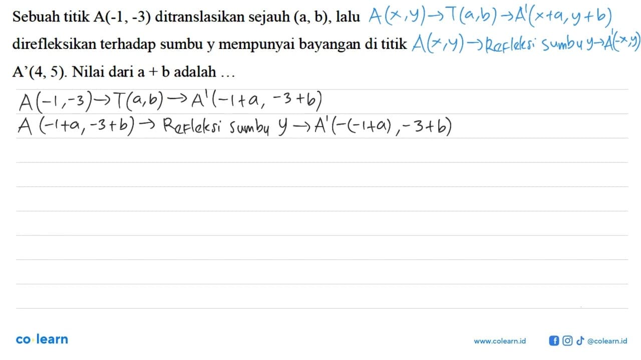 Sebuah titik A(-1,-3) ditranslasikan sejauh (a,b), lalu