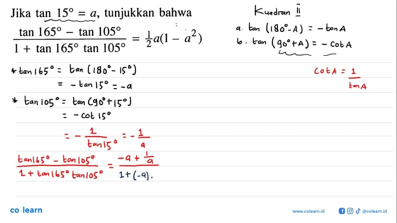 Jika tan 15=a , tunjukkan bahwa(tan 165-tan 105)/(1+tan 165