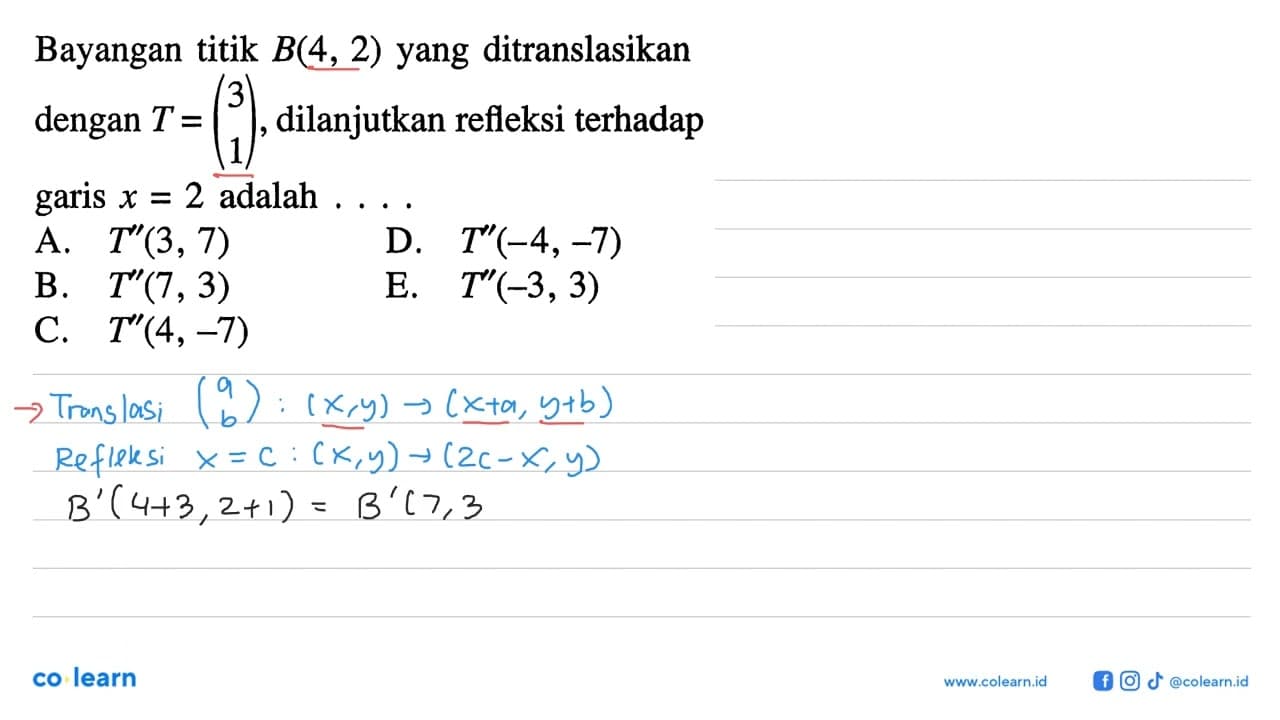 Bayangan titik B(4, 2) yang ditranslasikan dengan T =(3