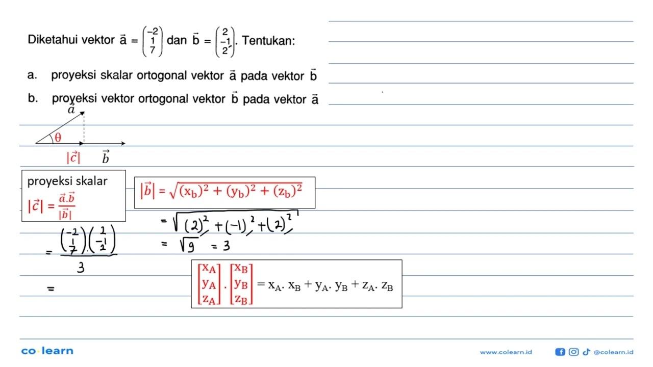 Diketahui vektor a=(-2 1 7) dan vektor b=(2 -1 2).