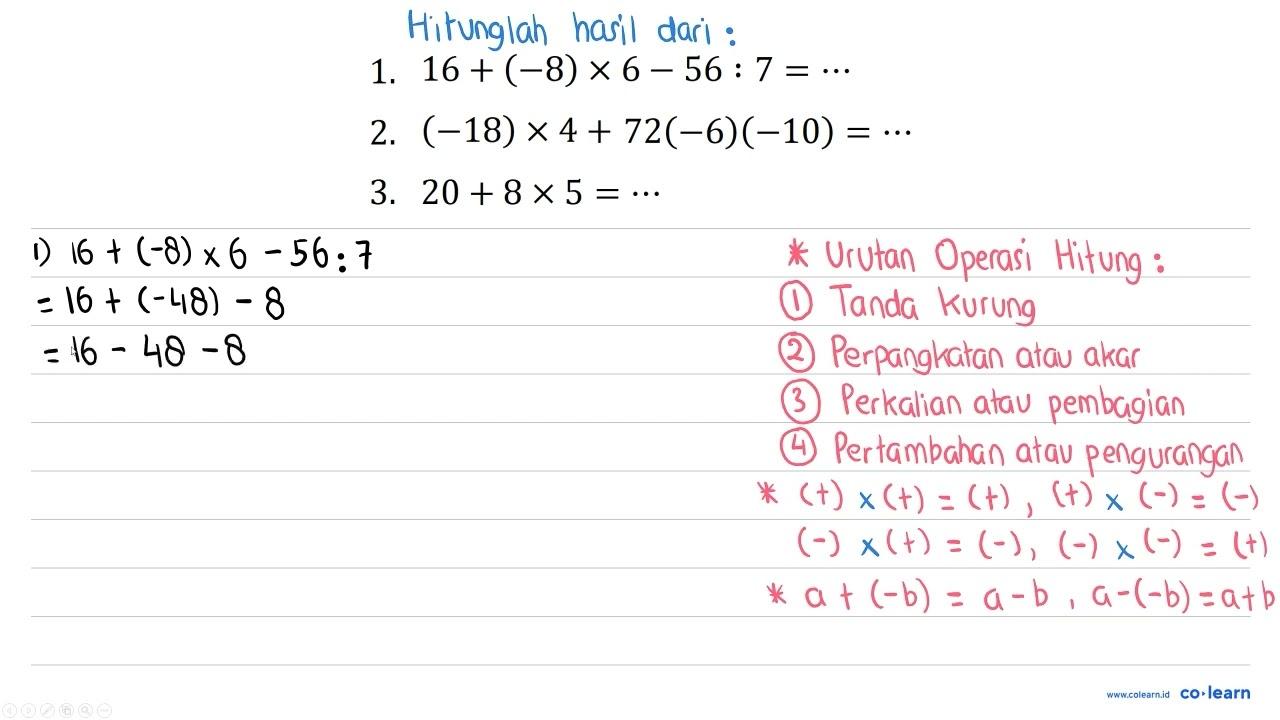 1. 16+(-8) x 6-56: 7=.. 2. (-18) x 4+72(-6)(-10)=.. 3. 20+8