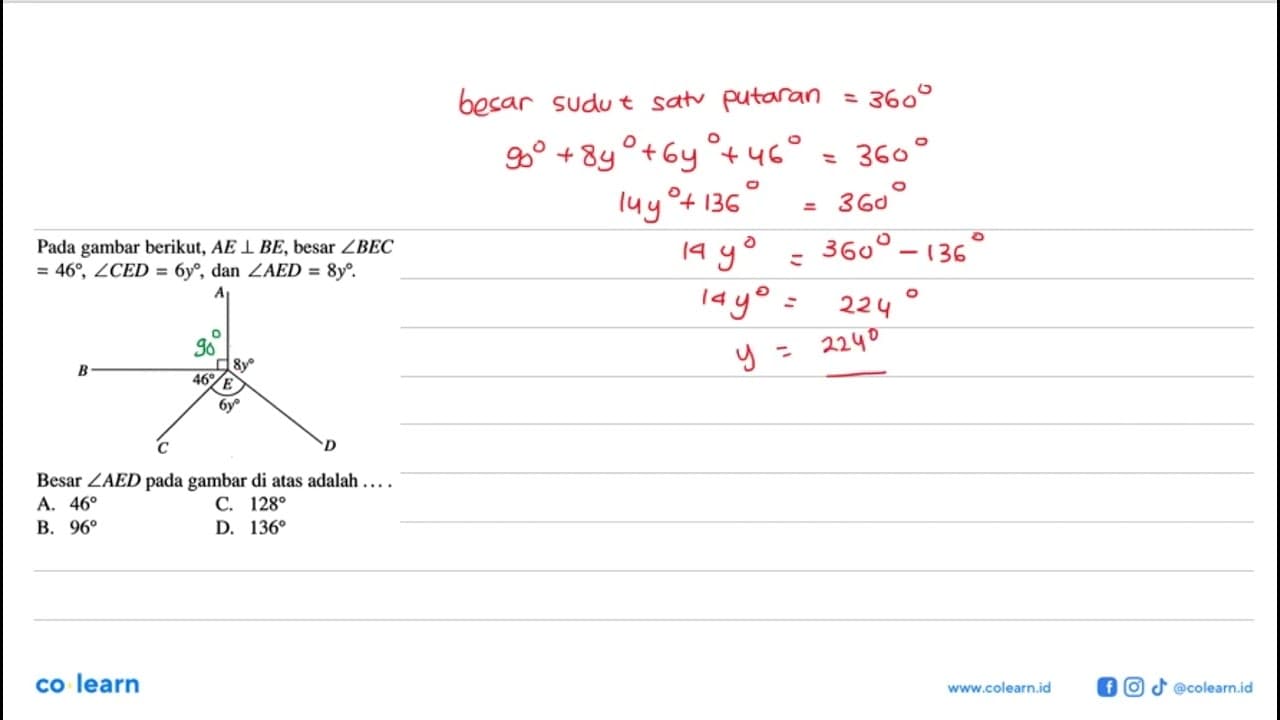 Pada gambar berikut, AE tegak lurus BE, besar sudut BEC=46,