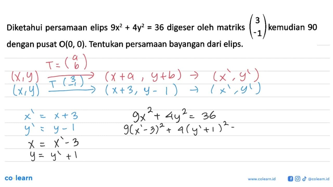 Diketahui persamaan elips 9x^2+4y^2=36 digeser oleh matriks