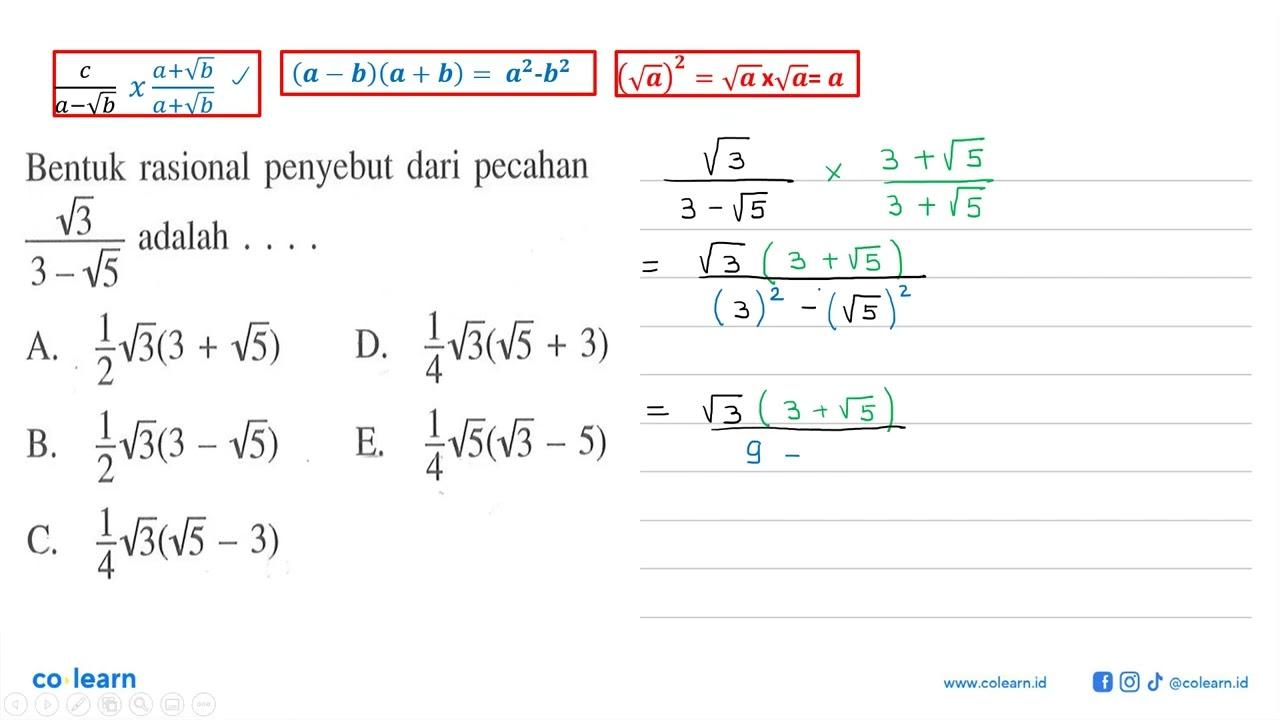 Bentuk rasional penyebut dari pecahan akar(3)/(3 - akar(5))