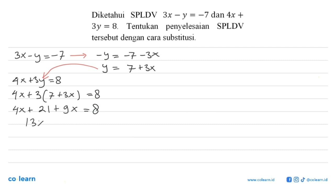 Diketahui SPLDV 3x-y=-7 dan 4x+3y=8. Tentukan penyelesaian