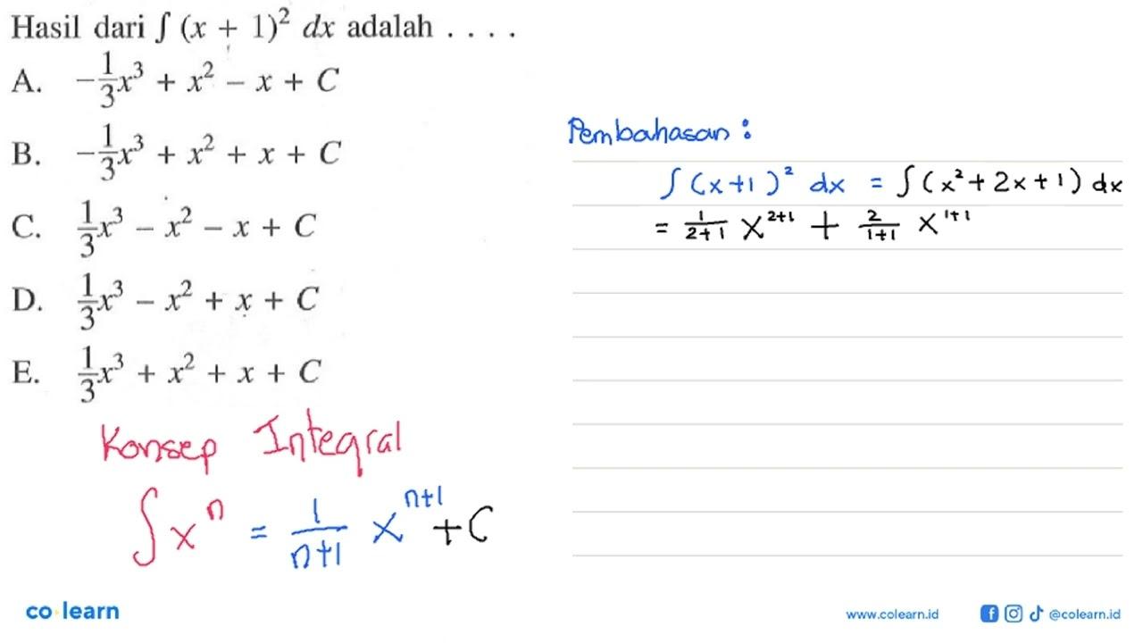 Hasil dari integral(x+1)^2 dx adalah ....