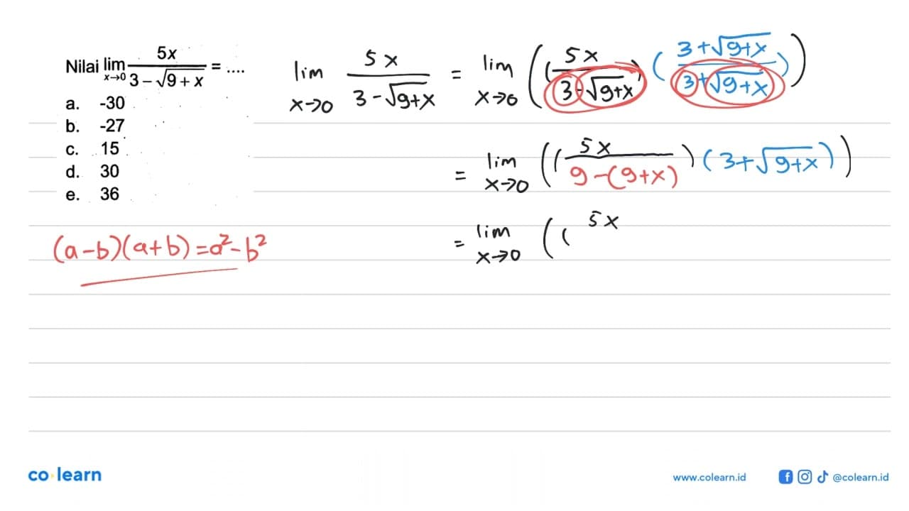 Nilai lim x->0 (5x)/(3-akar(9+x))=...