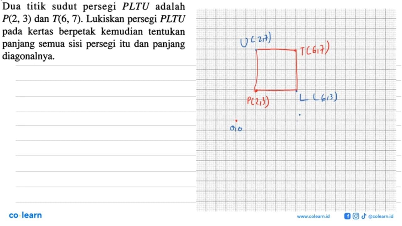 Dua titik sudut persegi P L T U adalah P(2,3) dan T(6,7) .