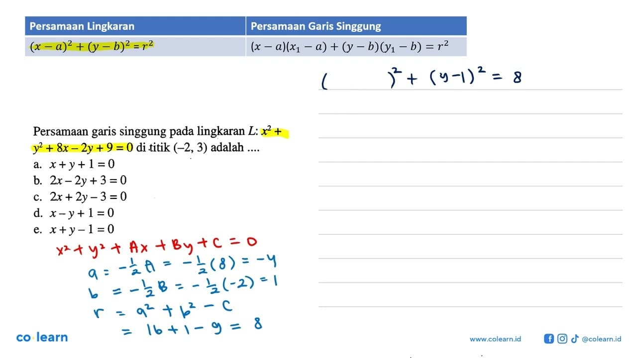 Persamaan garis singgung pada lingkaran L: x^2+