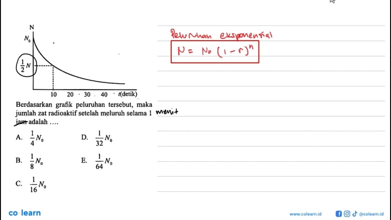 N N0 1/2 N 10 20 30 40 t (detik) Berdasarkan grafik