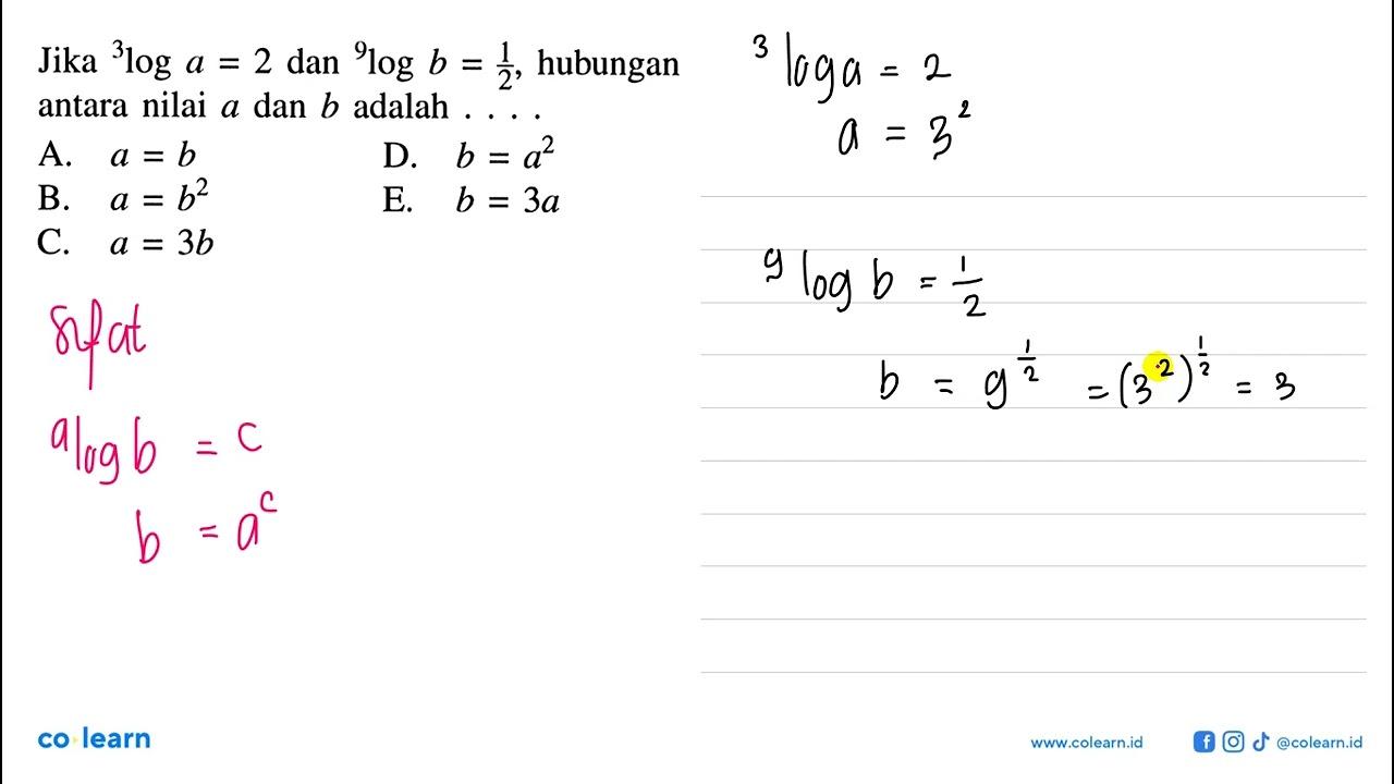 Jika 3loga=2 dan 9logb=1/2, hubungan antara nilai a dan b