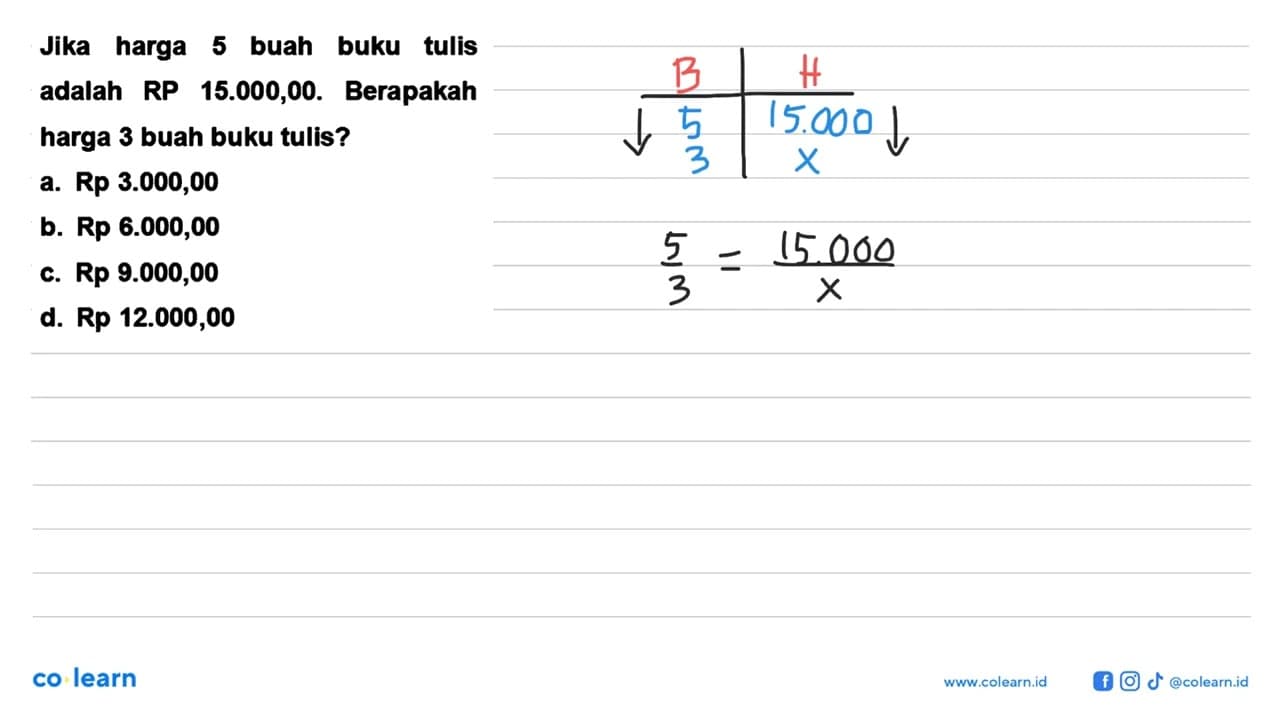 Jika harga 5 buah buku tulis adalah RP 15.000,00. Berapakah