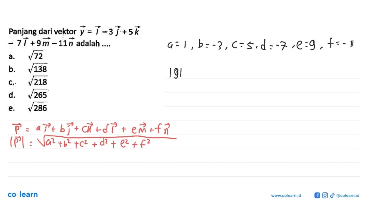 Panjang dari vektor y=i-3j+5k-i+9m-11n adalah ....