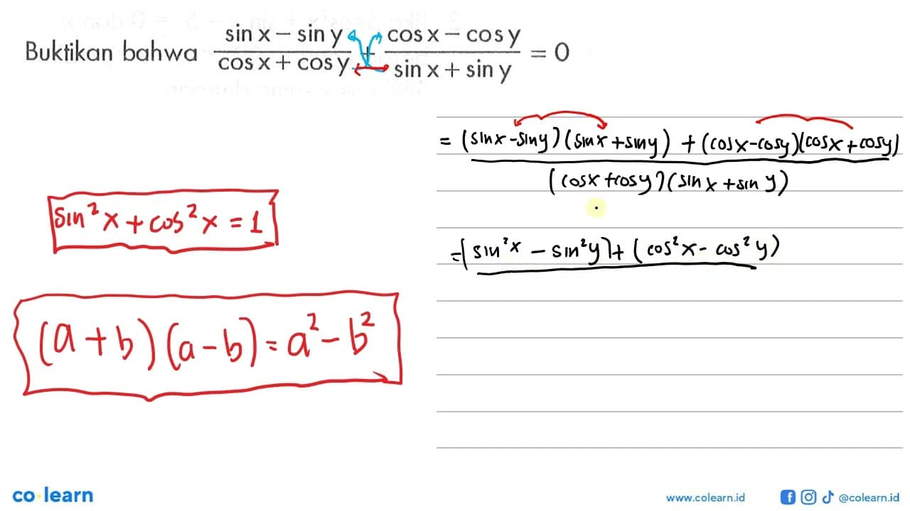 Buktikan bahwa (sinx-siny)/(cosx+cosy)