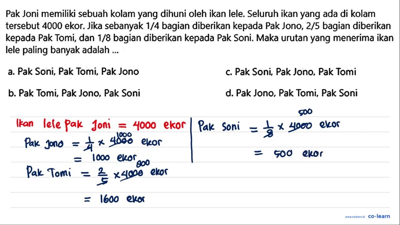 Pak Joni memiliki sebuah kolam yang dihuni oleh ikan lele.