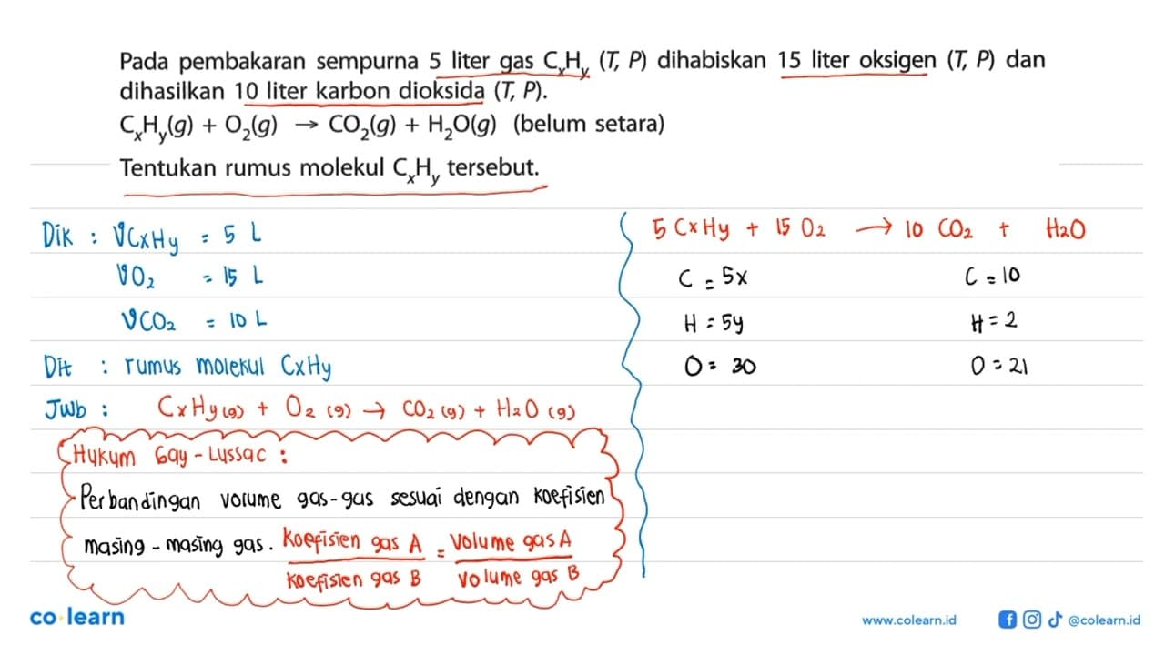 Pada pembakaran sempurna 5 liter gas CxHy(T, P) dihabiskan