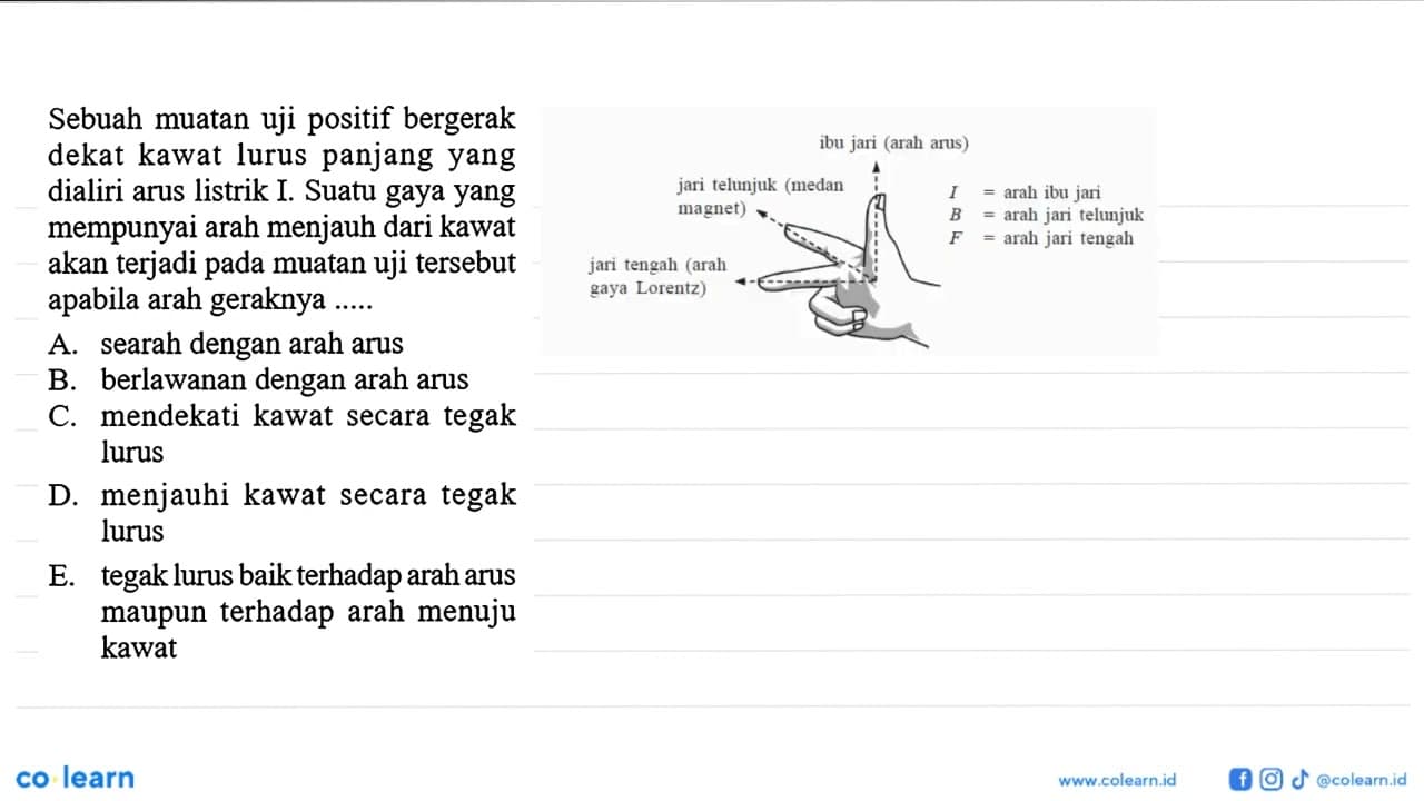 Sebuah muatan uji positif bergerak dekat kawat lurus