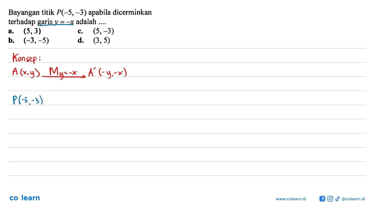Bayangan titik P(-5,-3) apabila dicerminkan terhadap garis