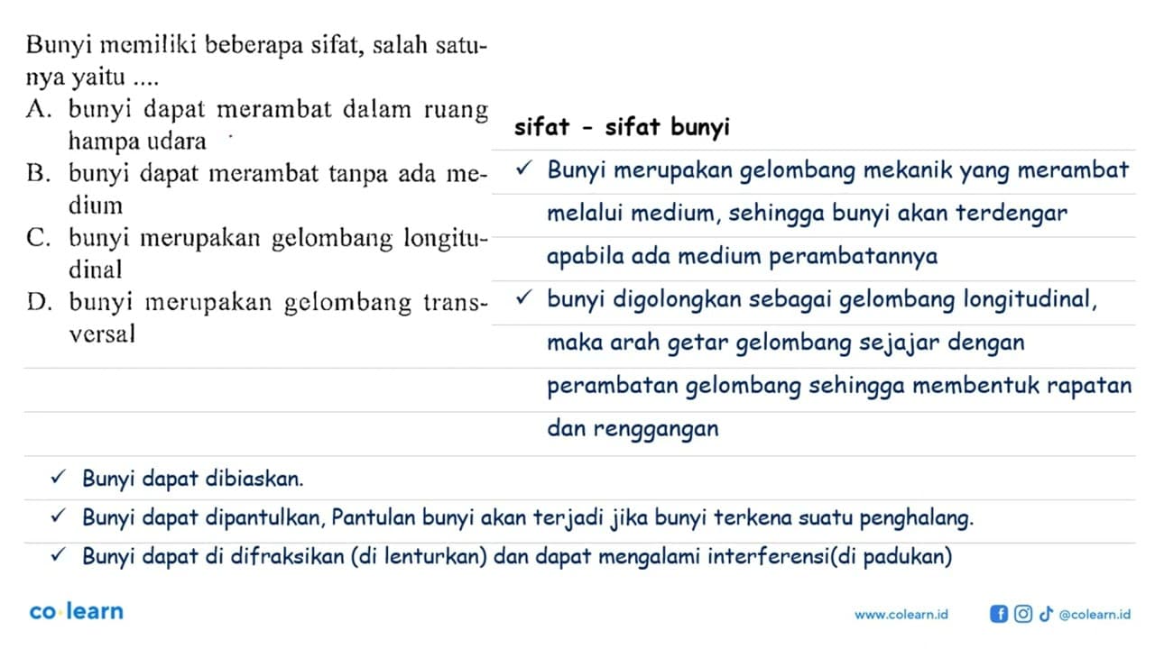 Bunyi memiliki beberapa sifat, salah satunya yaitu ....