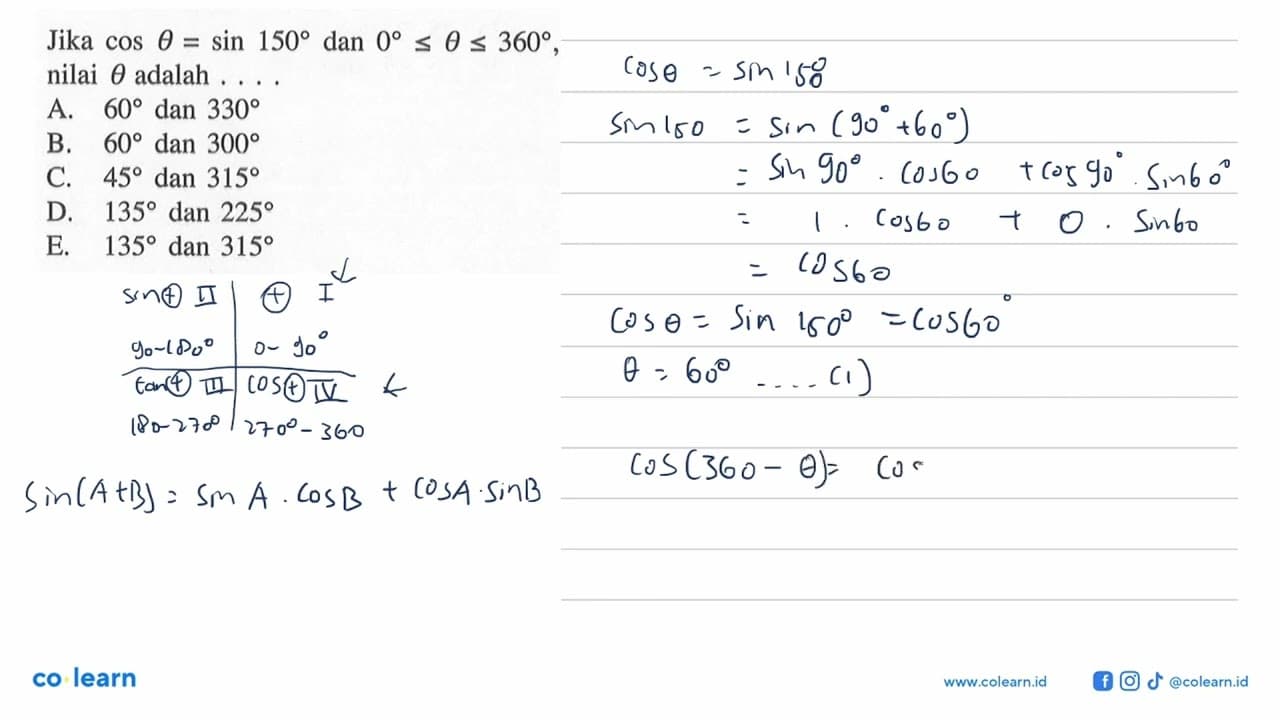 Jika cos theta= sin 150 dan 0<=theta<-360, nilai theta