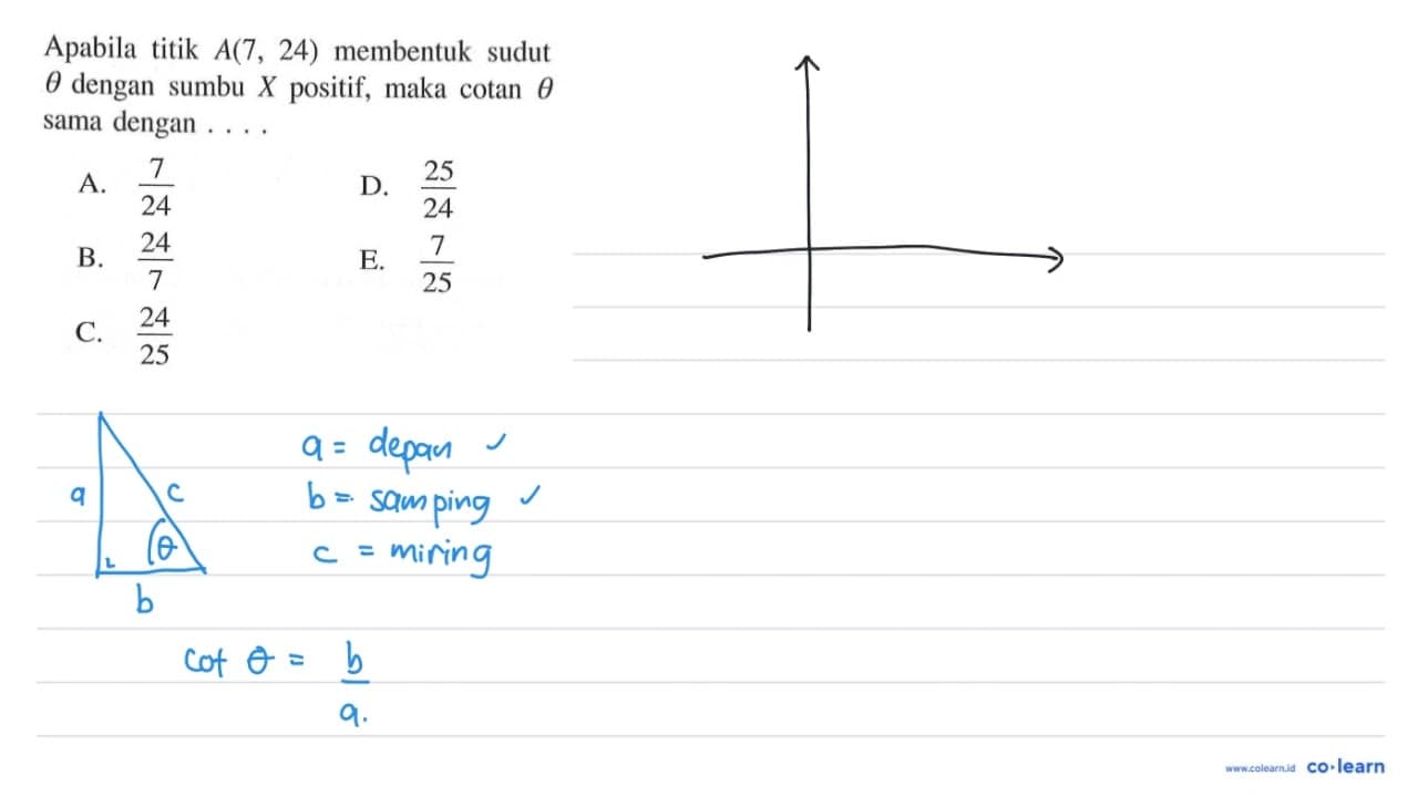 Apabila titik A(7, 24) membentuk sudut theta dengan sumbu X