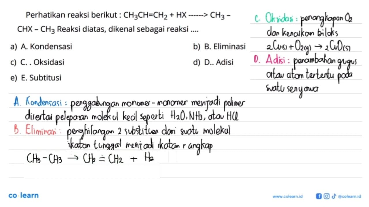 Perhatikan reaksi berikut: CH3CH=CH2+HX----->CH3-CHX-CH3