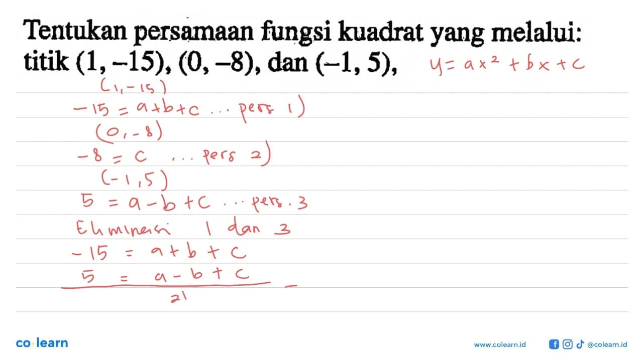 Tentukan persamaan fungsi kuadrat yang melalui: titik