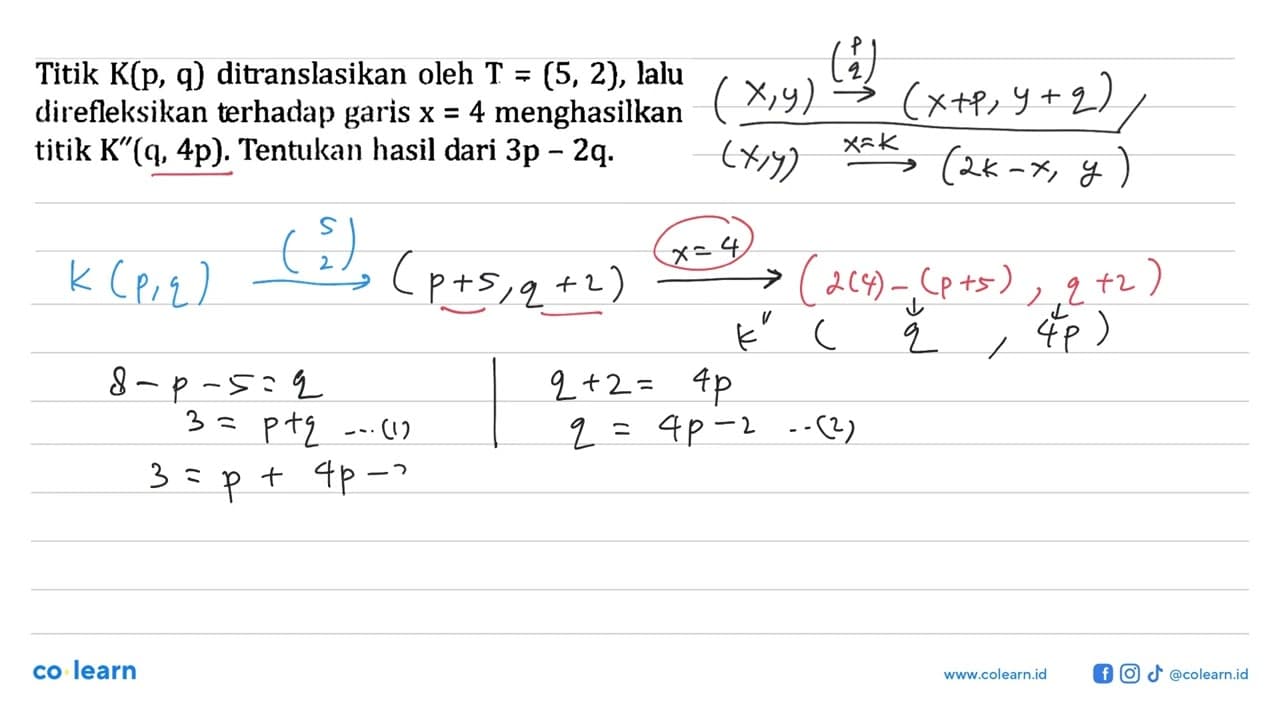 Titik K(p, q) ditranslasikan oleh T=(5,2), lalu