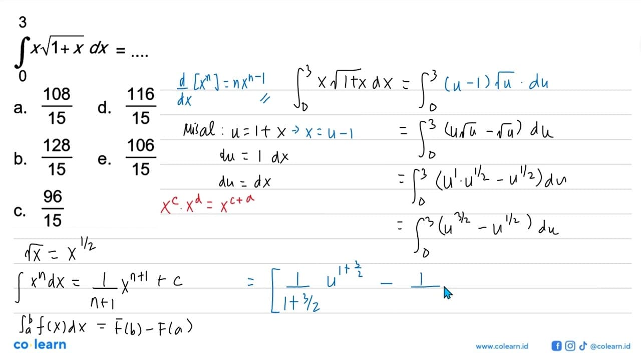 integral 0 3 x akar(1+x) dx=...