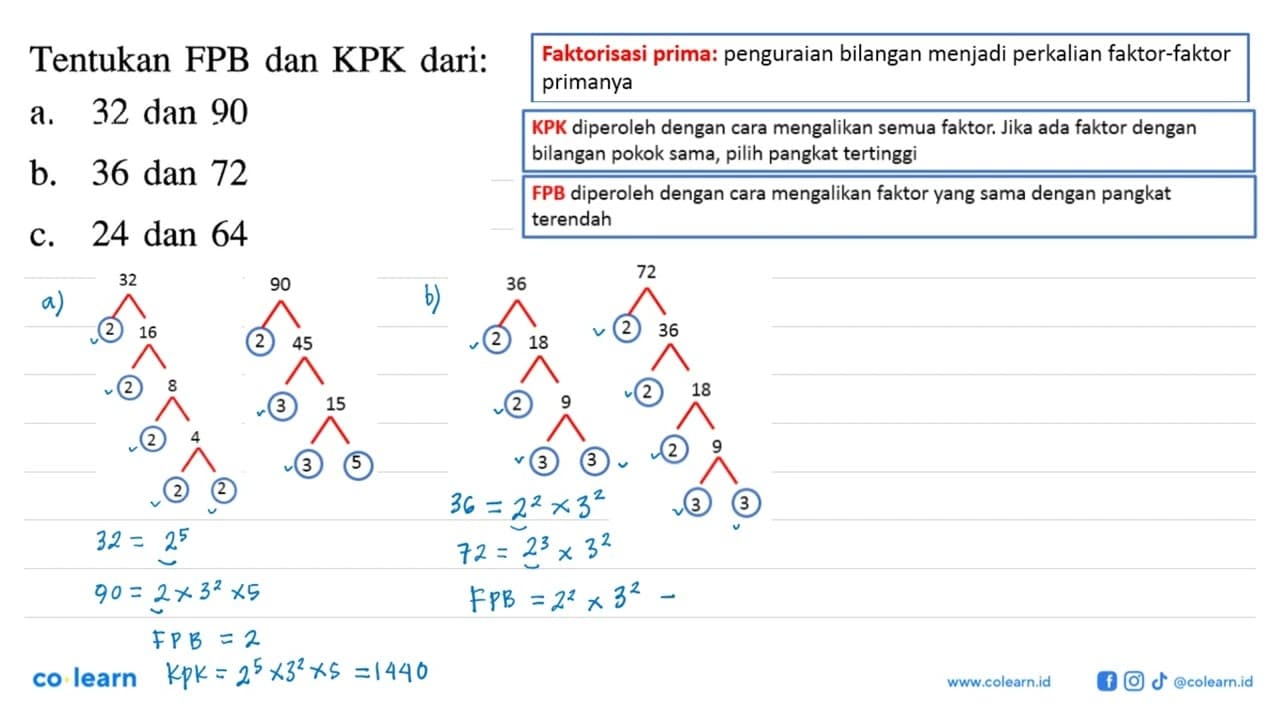 Tentukan FPB dan KPK dari: a.32 dan 90 b. 36 dan 72 c. 24