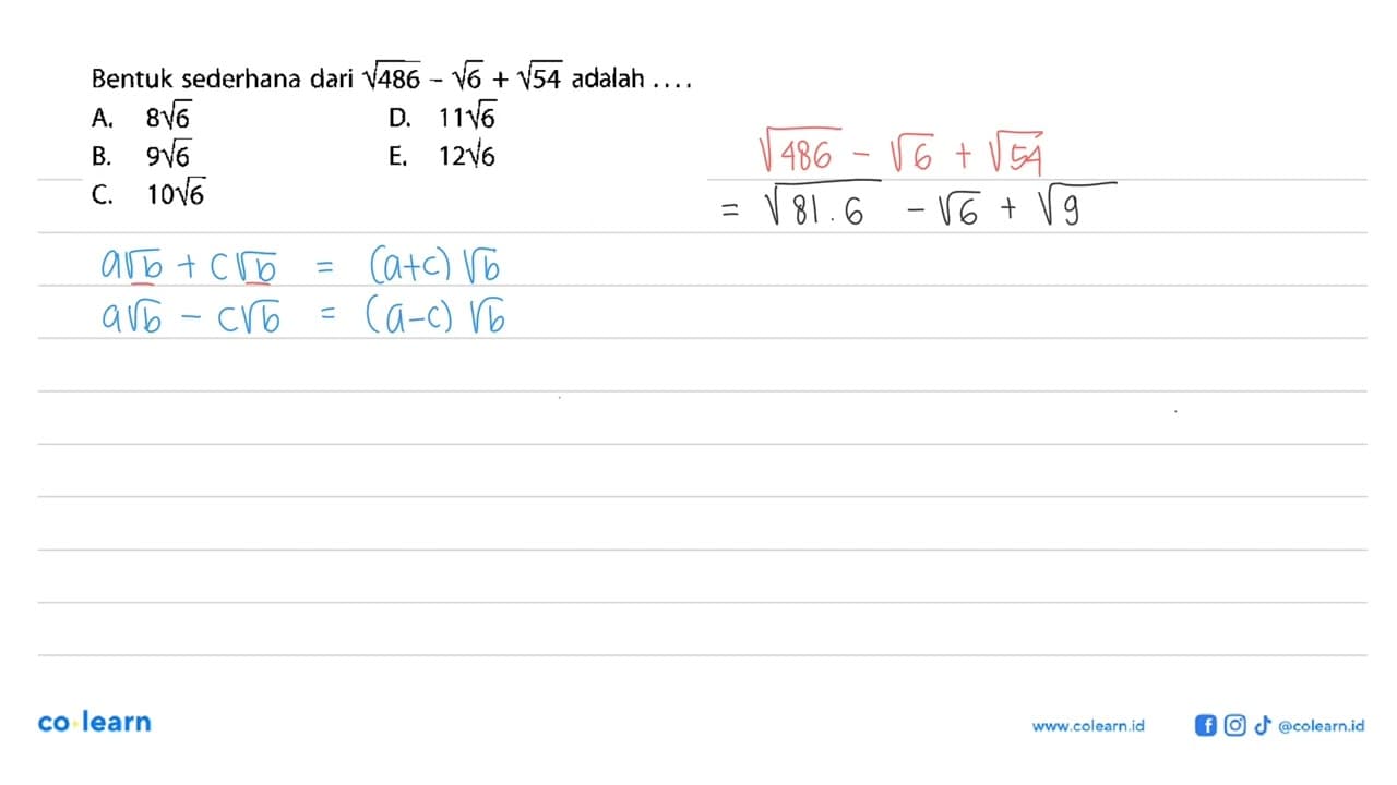 Bentuk sederhana dari akar(486)-akar(6)+akar(54) adalah