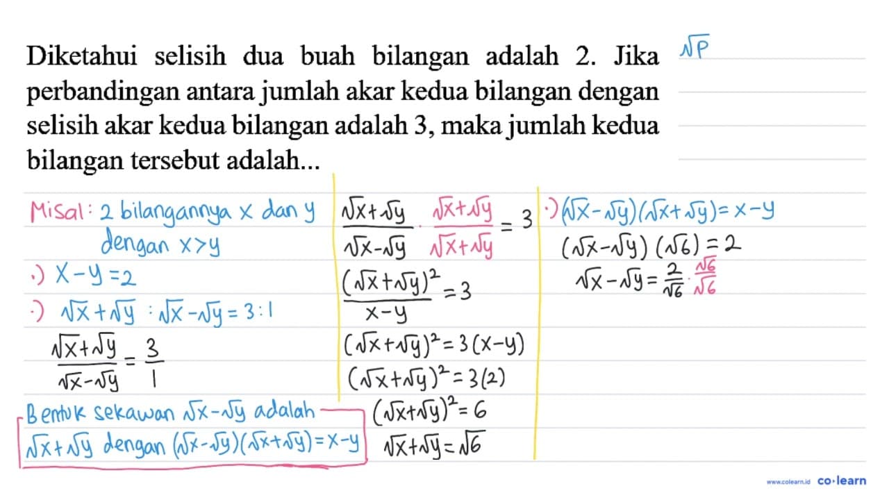 Diketahui selisih dua buah bilangan adalah 2. Jika