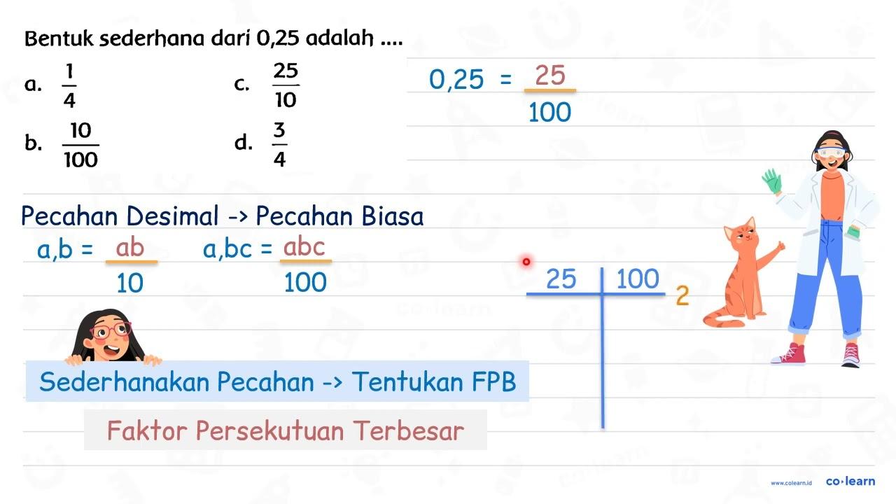 Bentuk sederhana dari 0,25 adalah .... a. (1)/(4) C.