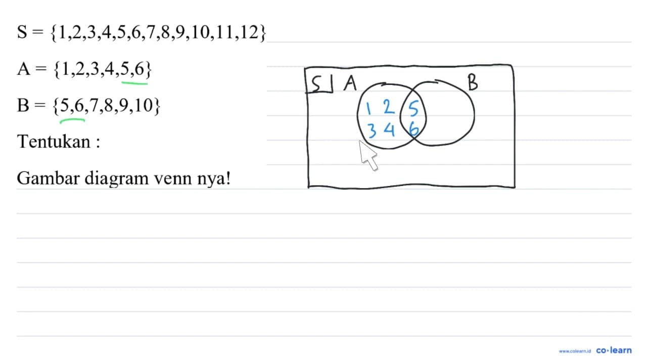 S={1,2,3,4,5,6,7,8,9,10,11,12} A={1,2,3,4,5,6}