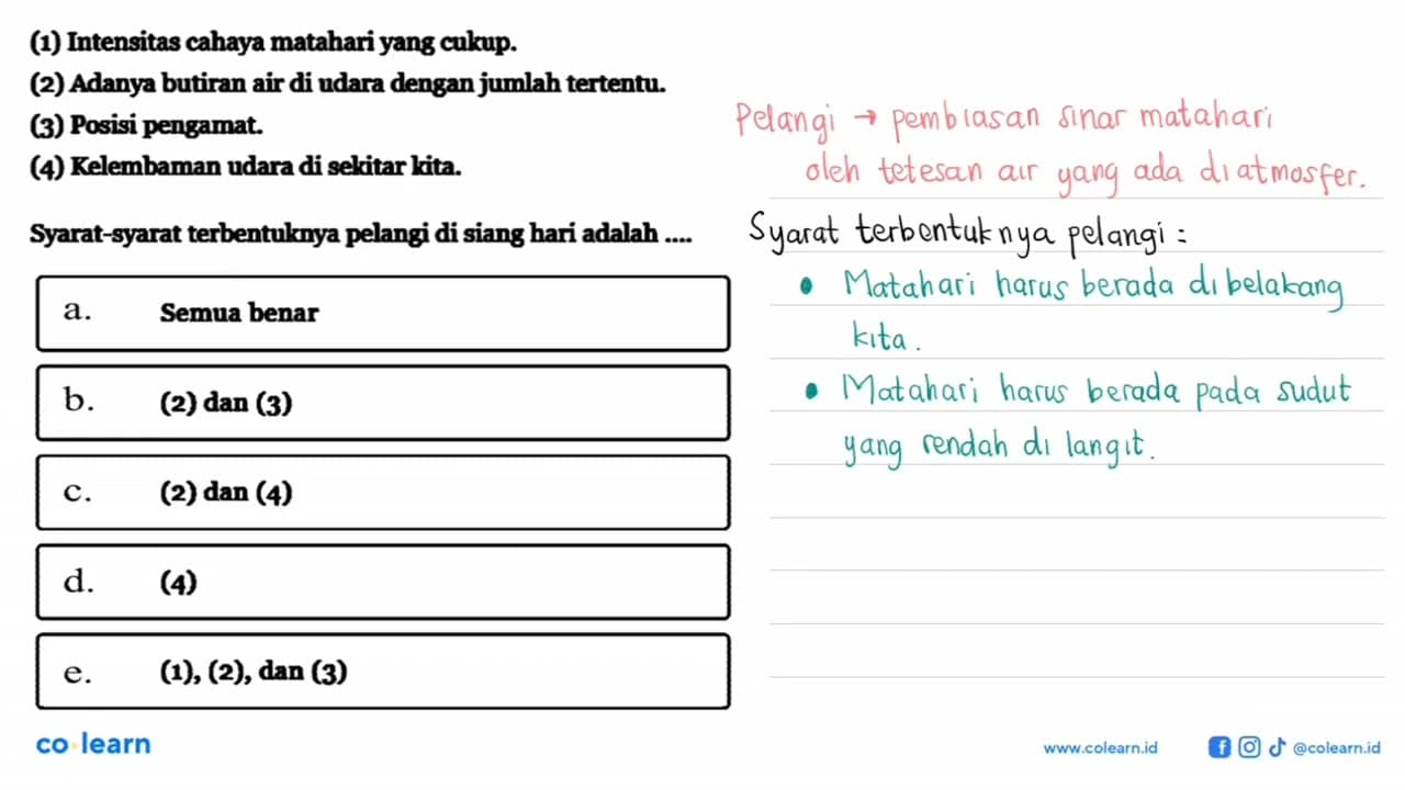 (1) Intensitas cahaya matahari yang cukup.(2) Adanya