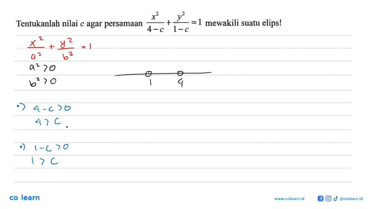 Tentukanlah nilai c agar persamaan x^2/(4-c)+y^2/(1-c)=1