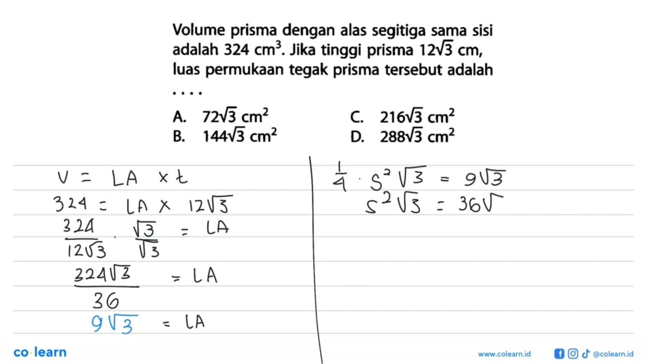 Volume prisma dengan alas segitiga sama sisi adalah 324