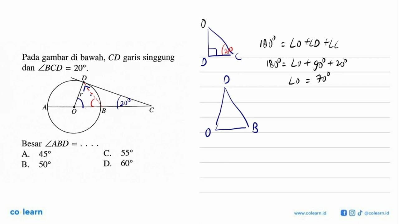 Pada gambar di bawah, CD garis singgung dan sudut BCD=20.