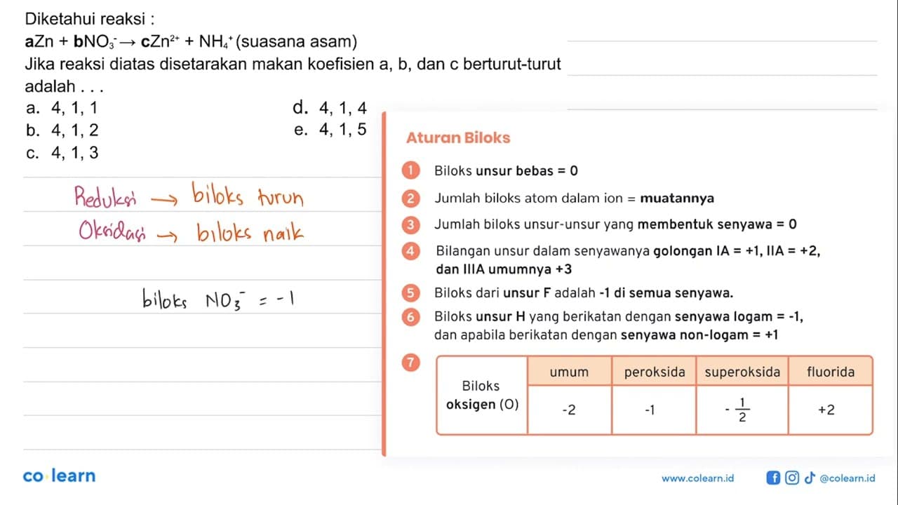 Diketahui reaksi : aZn+bNO3^(-) -> cZn^(2+)+NH4^+ (suasana