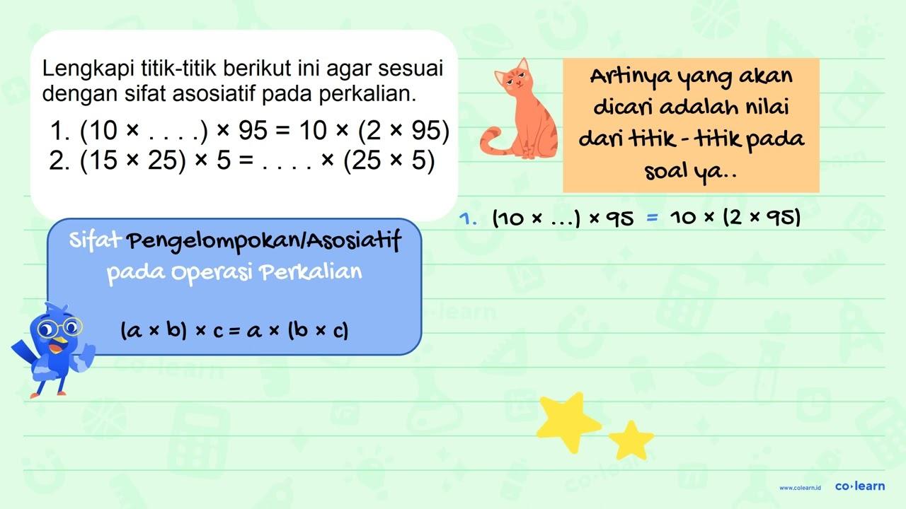 1. (10 x ...) x 95=10 x (2 x 95) 2. (15 x 25) x 5=... x (25