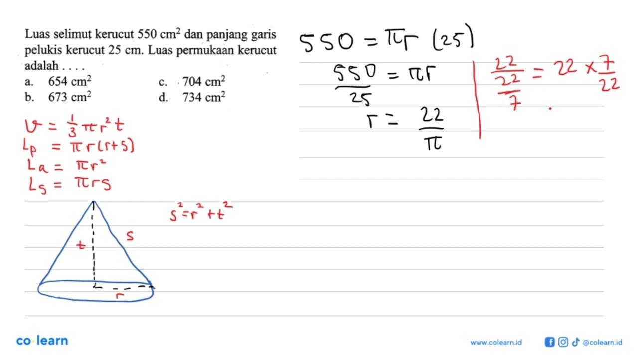 Luas selimut kerucut 550 cm^2 dan panjang garis pelukis