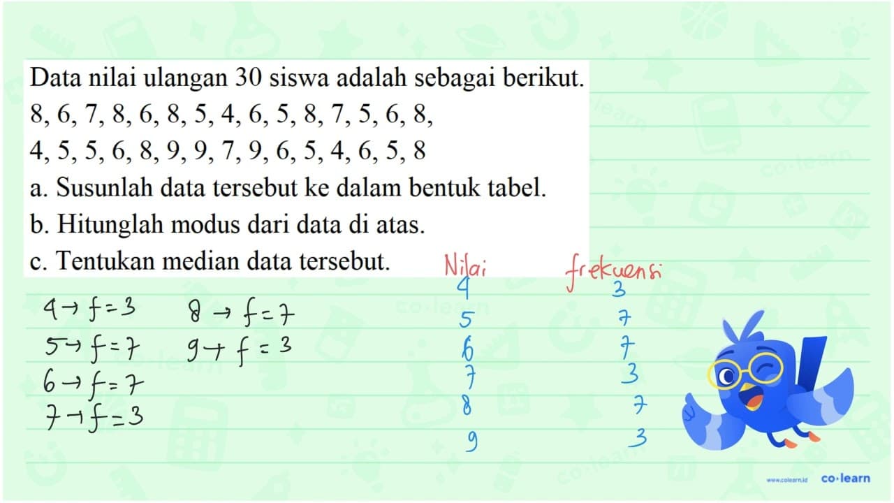 Data nilai ulangan 30 siswa adalah sebagai berikut. 8, 6,