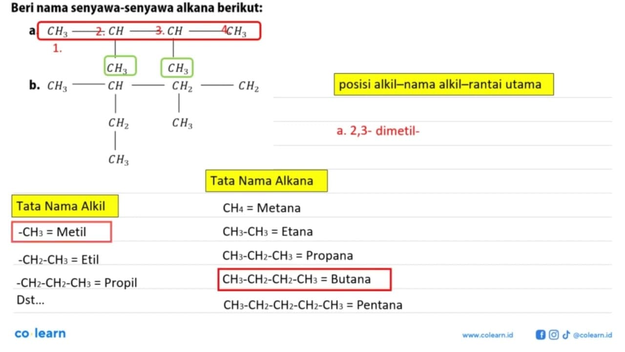 Beri nama senyawa-senyawa alkana berikut: a. CH3 - CH - CH