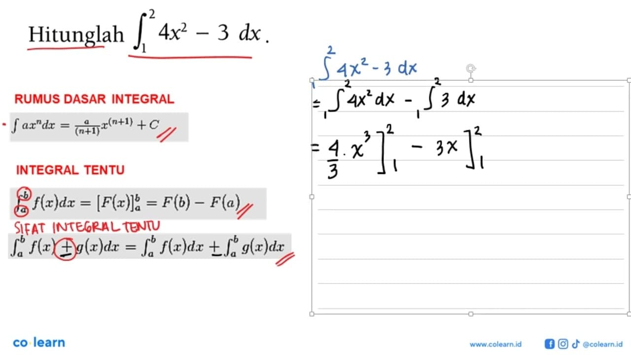 Hitunglah integral 1 2 4x^2-3 dx