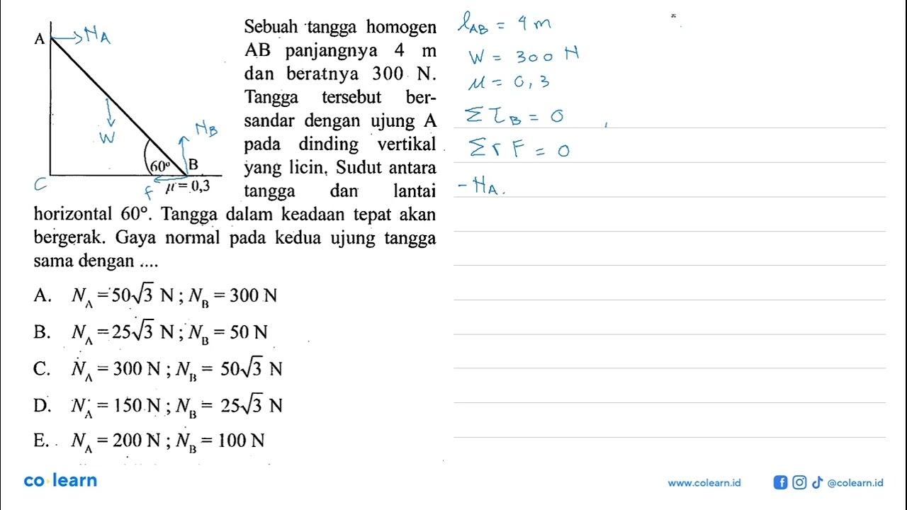 Sebuah tangga homogen AB panjangnya 4 m dan beratnya 300 N.