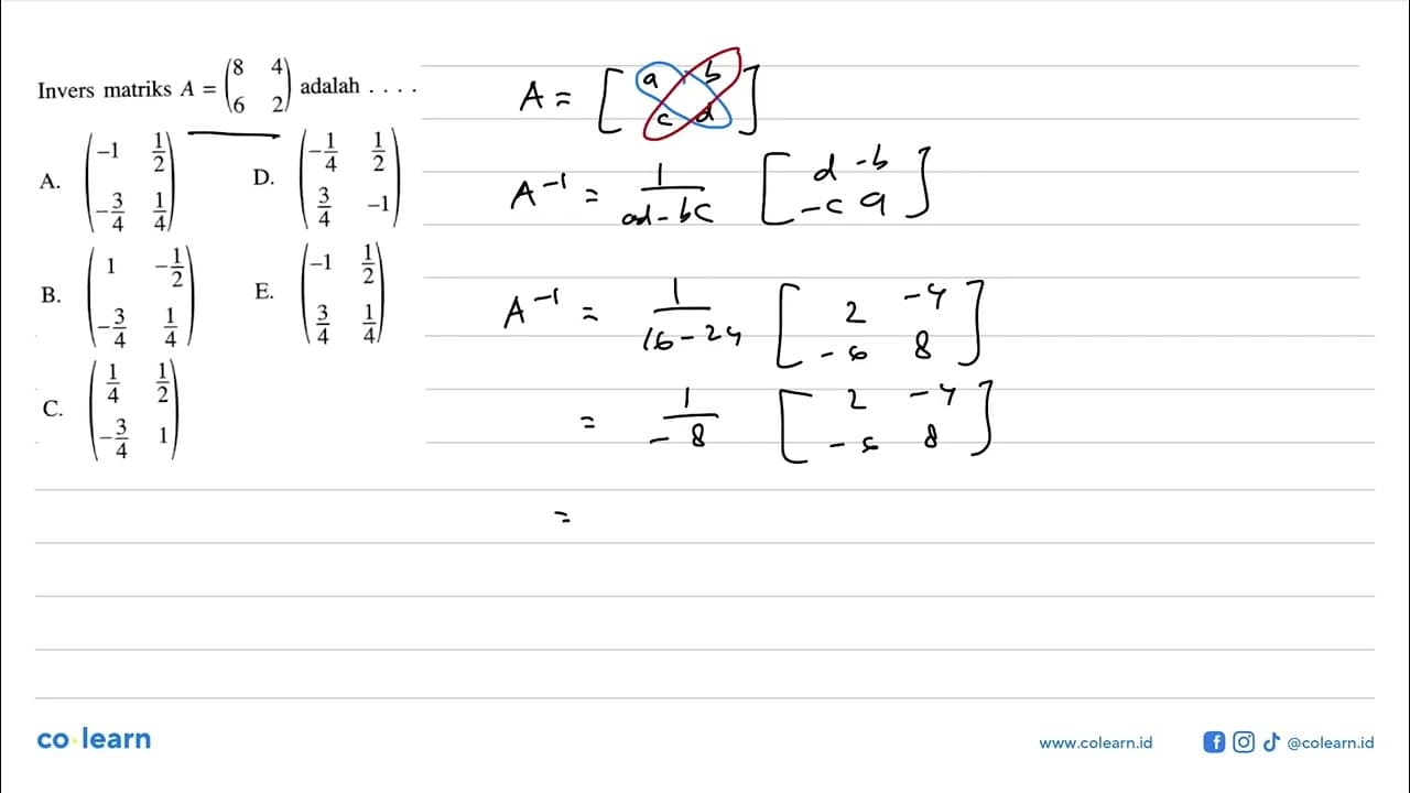 Invers matriks A=(8 4 6 2) adalah ...